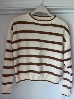 NWOT!! SHEIN Cream and Brown Striped Crewneck Sweater